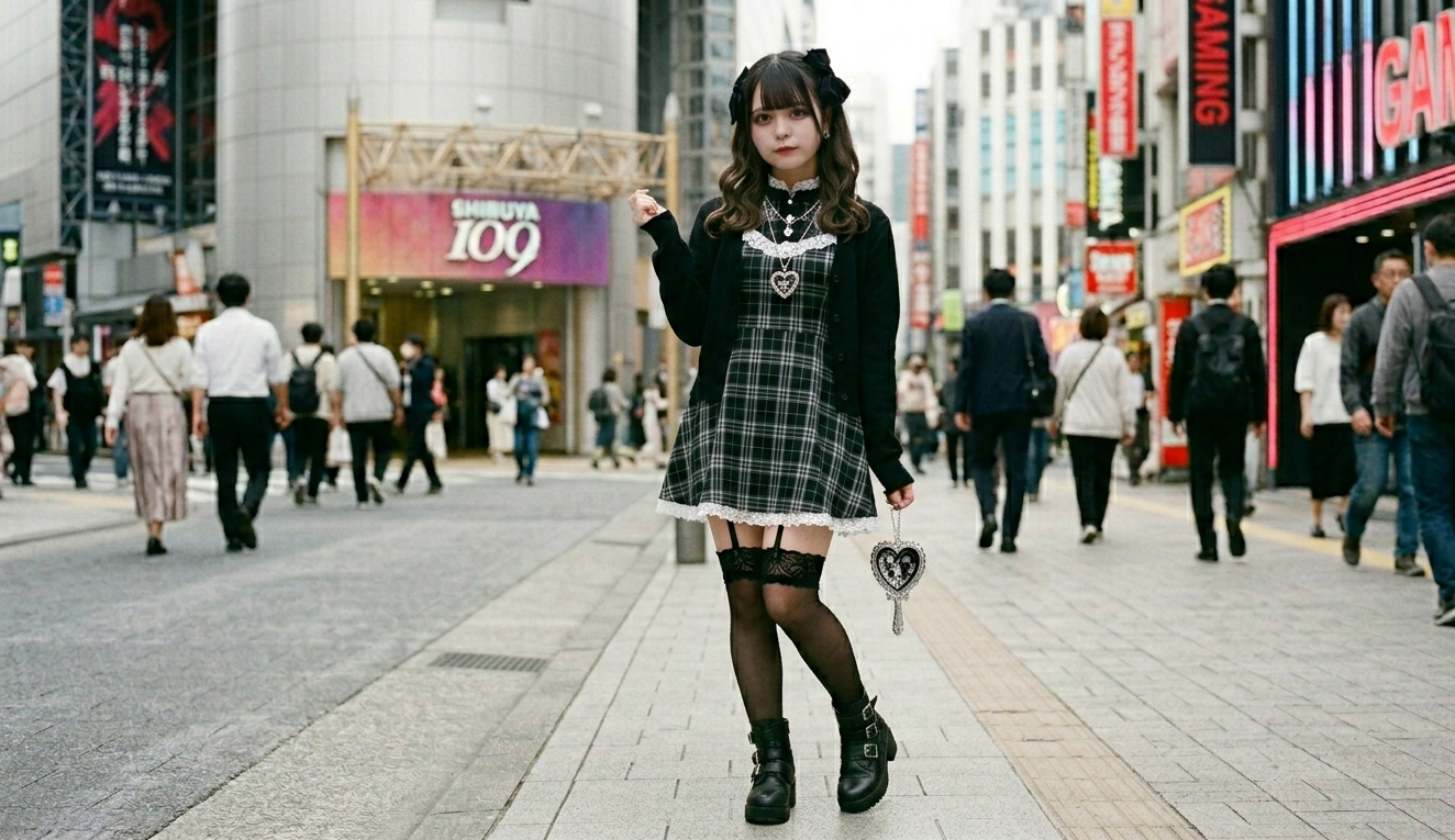 Doll-like Jirai Kei makeup styling with droopy eyeliner and tear-bag emphasis