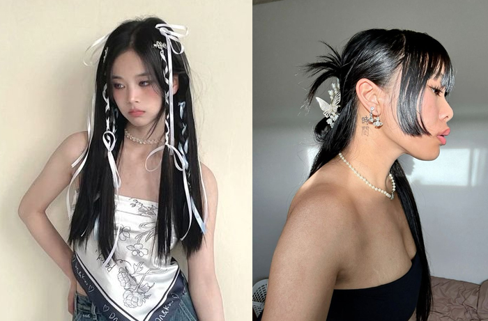 Acubi hairstyles lookbook: curtain bangs, claw clips, and space buns on Korean models