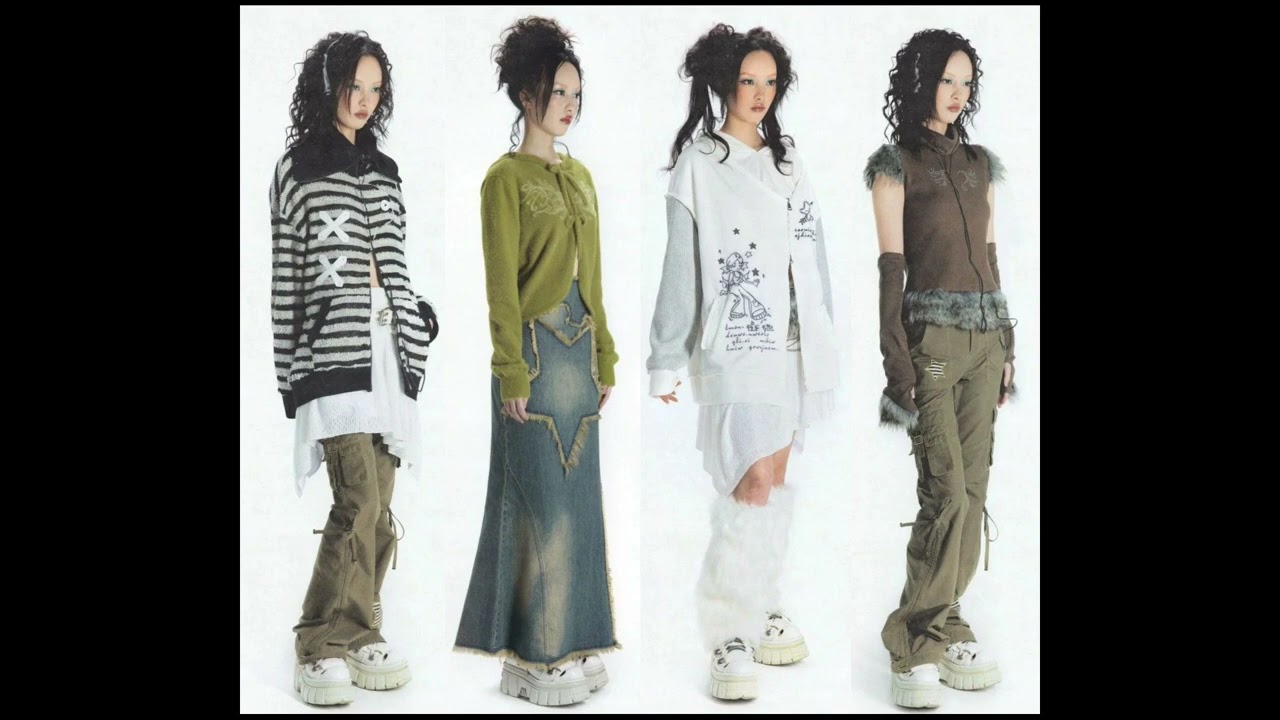 Korean street fashion silhouettes combining baggy panels and baby tees