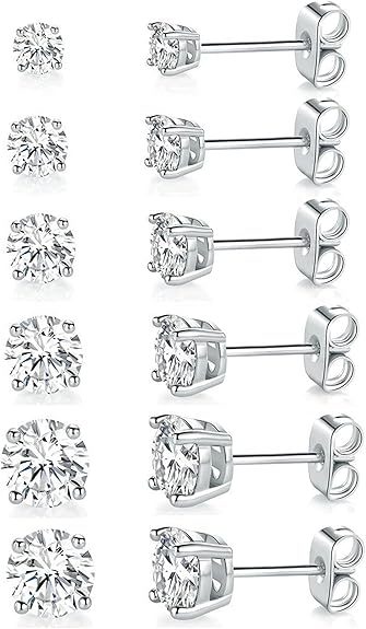 18K White Gold CZ Stud Earring Pack (6 Pairs)