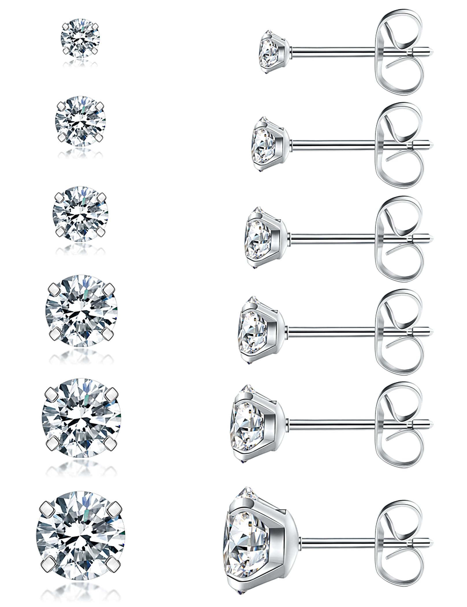 6-Pair CZ Stud Earring Set in Steel