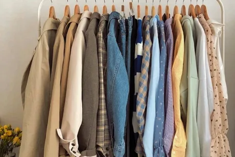 Aesthetic clothing rack with neutral and beige minimalist apparel