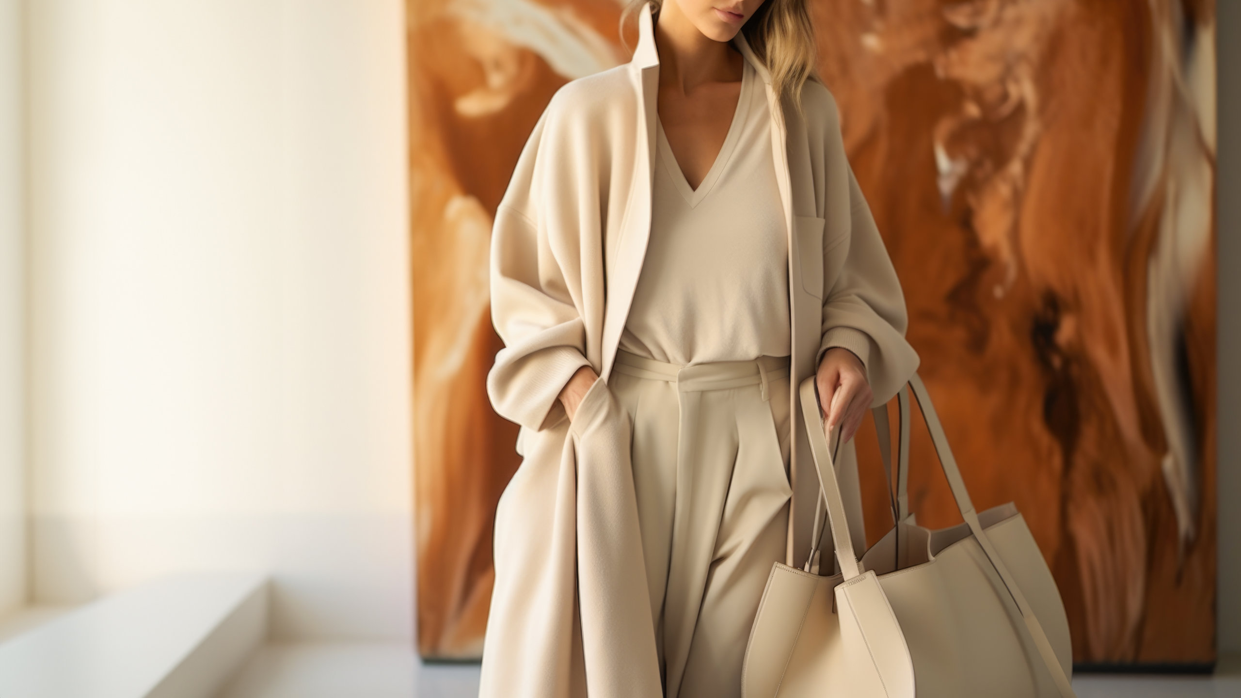 Elegant beige aesthetic minimalist luxury clothing on a model