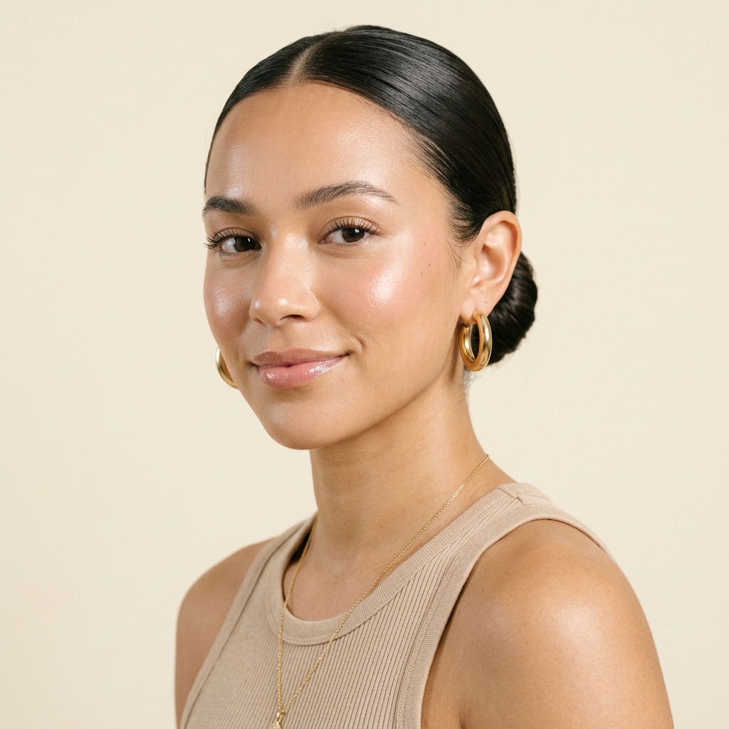 Clean girl aesthetic look with slicked-back bun, gold hoop earrings, and dewy minimal makeup