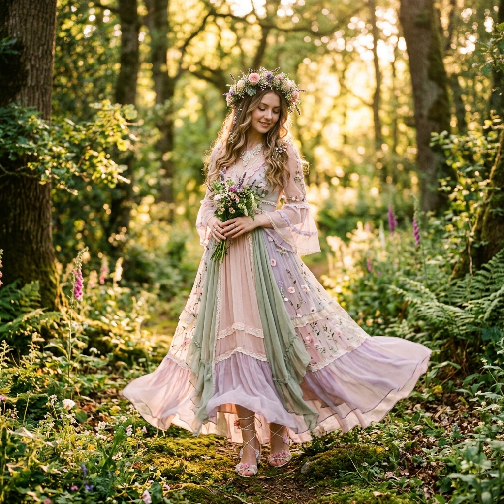 Fairycore aesthetic outfit with flowing pastel dress and flower crown in a forest setting