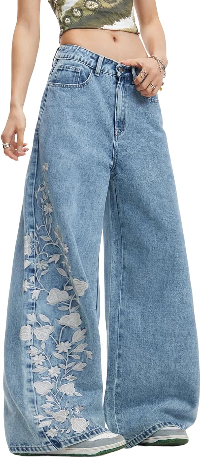 Vintage-style wide-leg baggy denim jeans