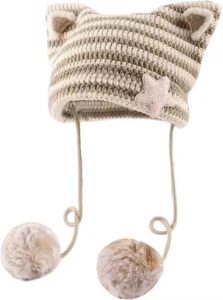 Y2k Beanie Cat Ear Gyaru Acubi Devil Crochet Hats Cute Kawaii Star Grunge Aesthetic Pompoms Cutecore Y2k Harajuku Clothes