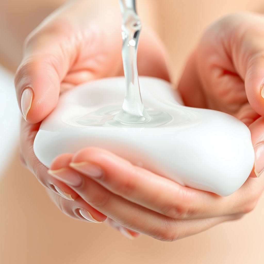 Delicate hands gently emulsifying silky white cleansing oil with lukewarm water droplets