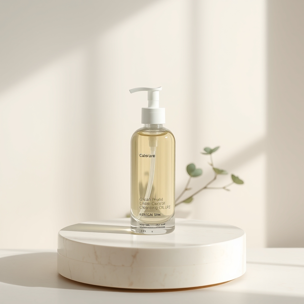 Aesthetic Korean skincare cleansing oil bottles on travertine stone in warm morning light