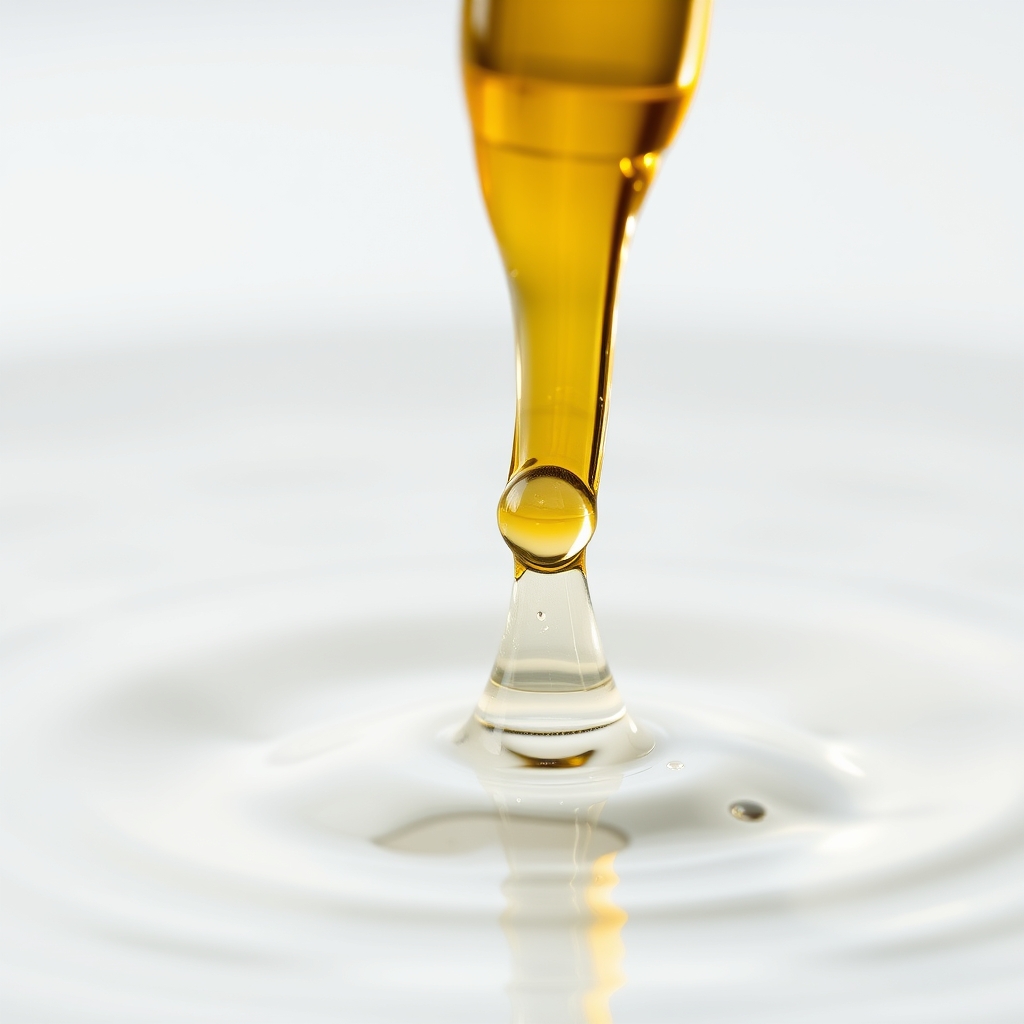 Golden botanical cleansing oil dripping into crystal clear water with micro-emulsion ripples