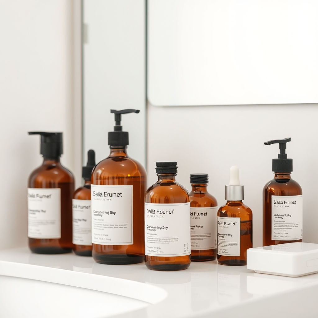 Aesthetic minimalist Korean bathroom vanity with skincare bottles and linen towels