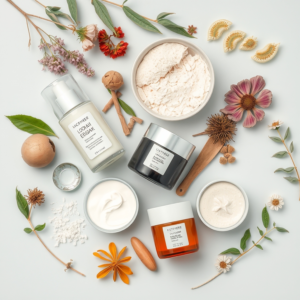Botanical K-beauty ingredients including Centella, ginseng root, black rice and nourishing oils on ceramic pottery